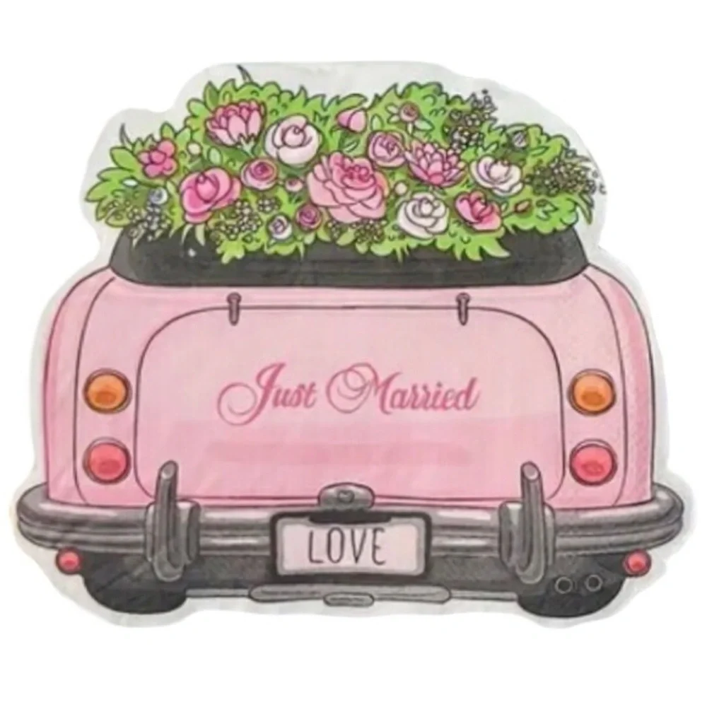 Two (2) Individual Pink Just Married Floral Car Decoupage Shaped Paper Napkins